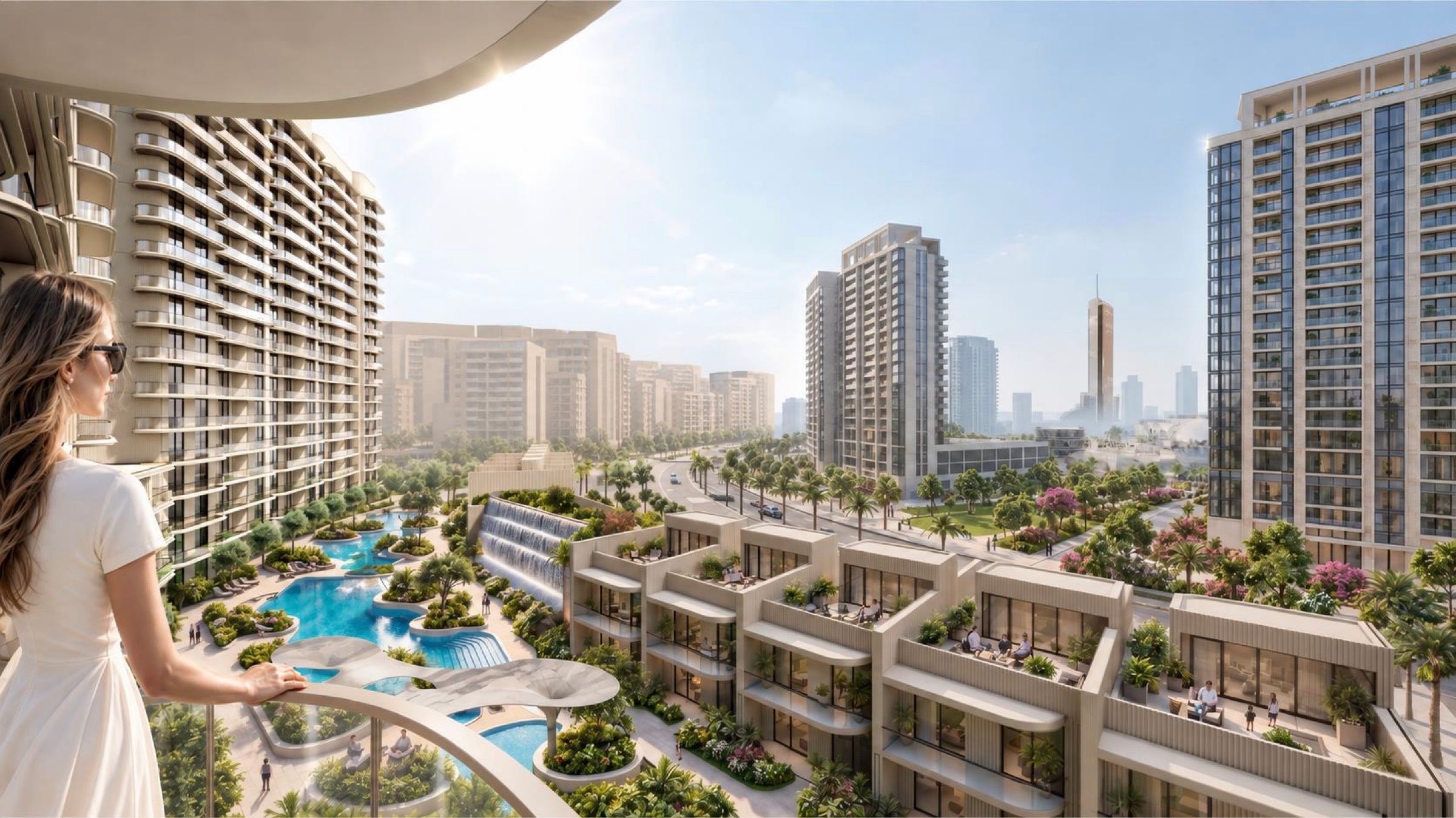 Vista dal balcone sul podio con piscine di The Views e sullo skyline di Ardee Downtown